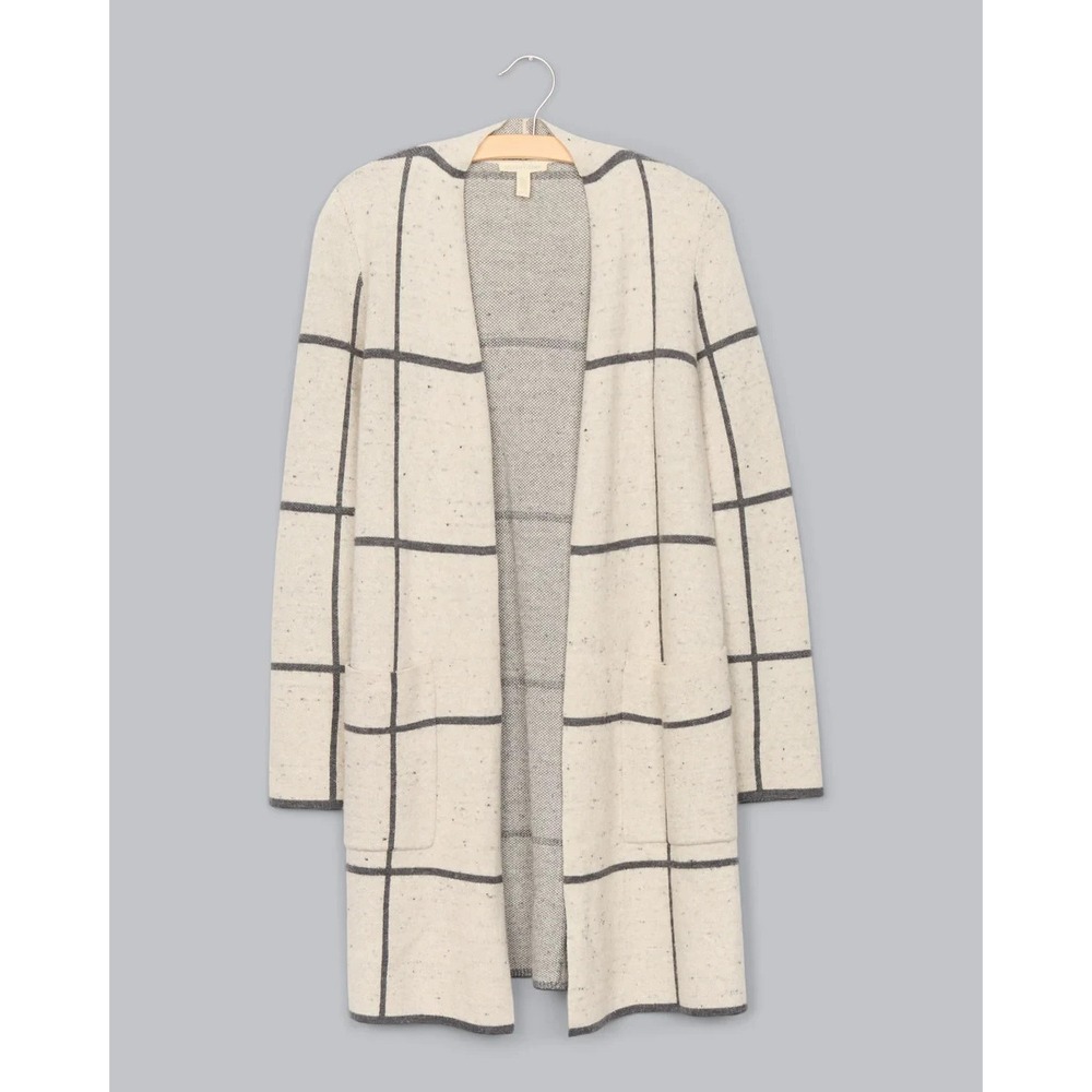 Eileen Fisher Peppered Windowpane Wool Blend Cardigan‎ Sweater Coat Large Ivory